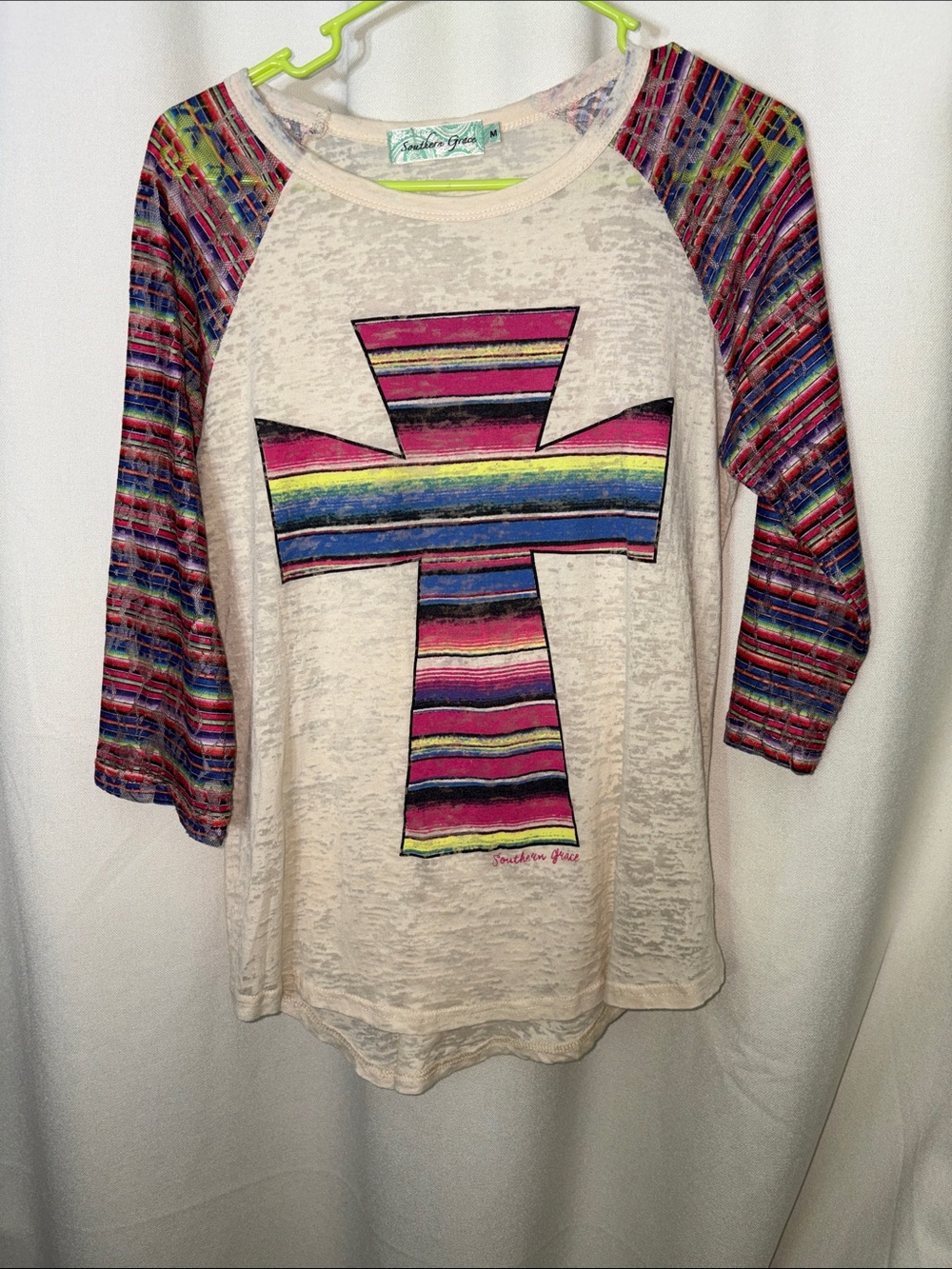 Southern Grace Cream Raglan Top with Multicolor Striped Cross Size Medium
